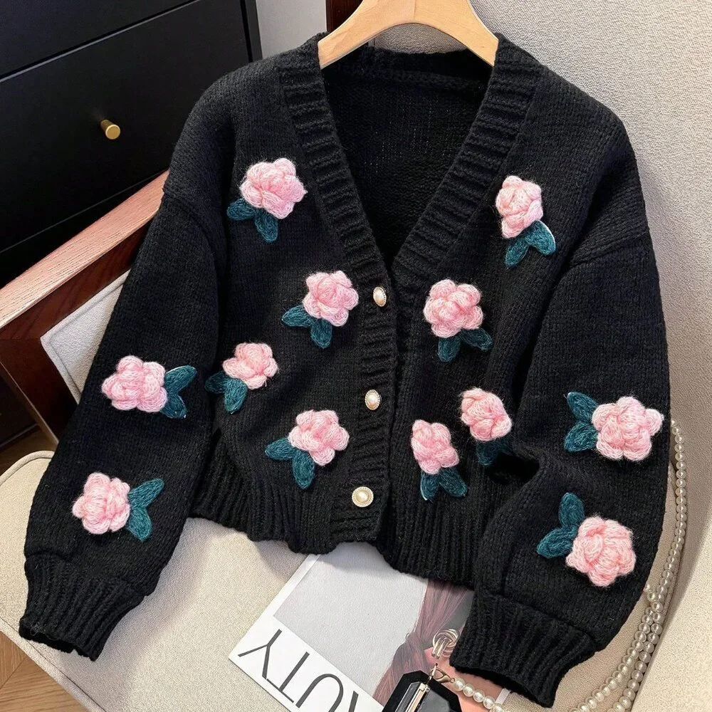 Black Casual Women's 3D Floral Knit Loose Fit Boho Cardigan